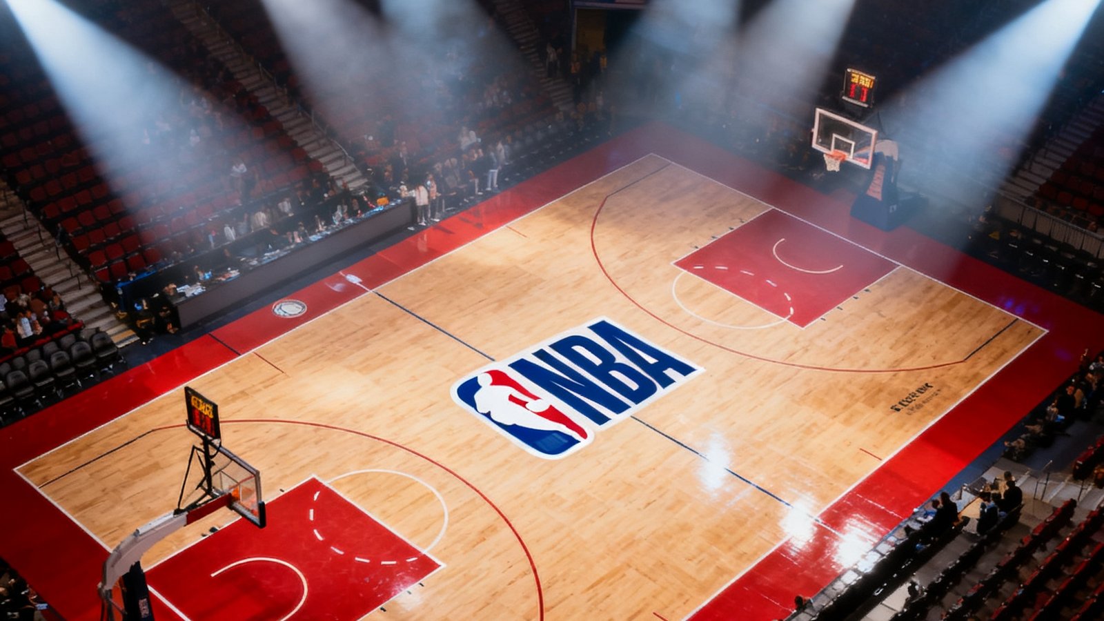 NBA季后赛前瞻专题图片，篮球场上空俯瞰镜头，球场中央LOGO醒目，周围环绕着聚光灯的耀眼光芒